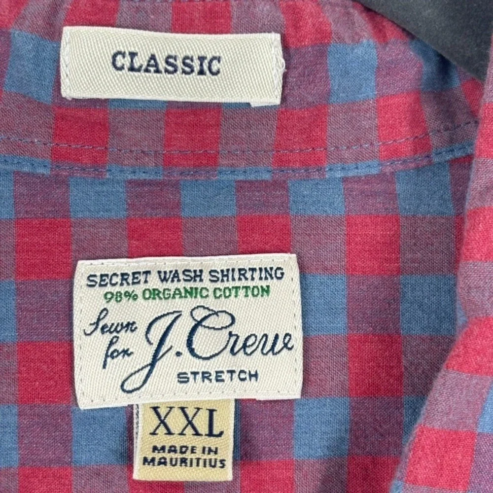 J.Crew Mens Red Checked Classic Stretch‎ Button Up Shirt Size XXL Organic Cotton